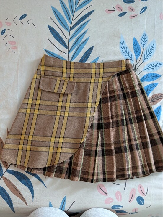 Collusion Dresses & Skirts - Vintage Y2K Brown & yellow & green stripes plaid checked pleated skirt